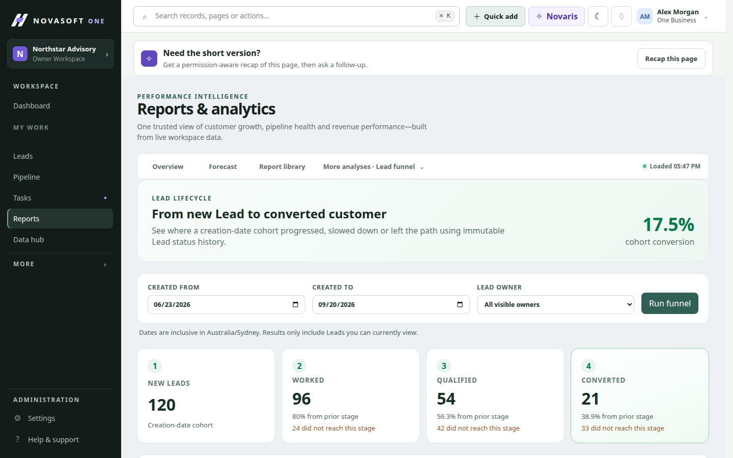 NovaSoft One Reporting and data workspace preview