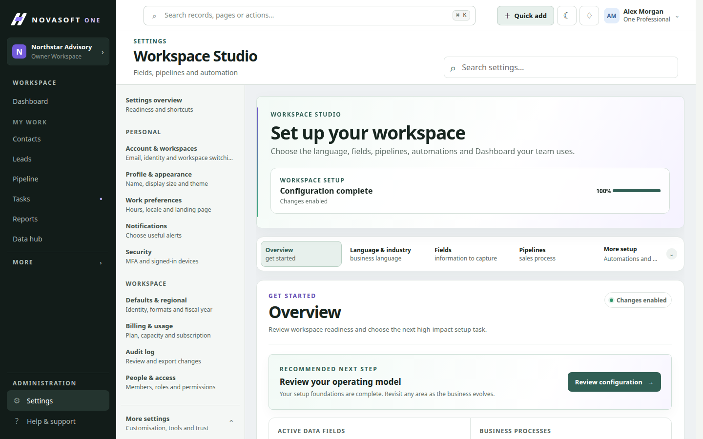 NovaSoft One Customisation and integrations workspace preview