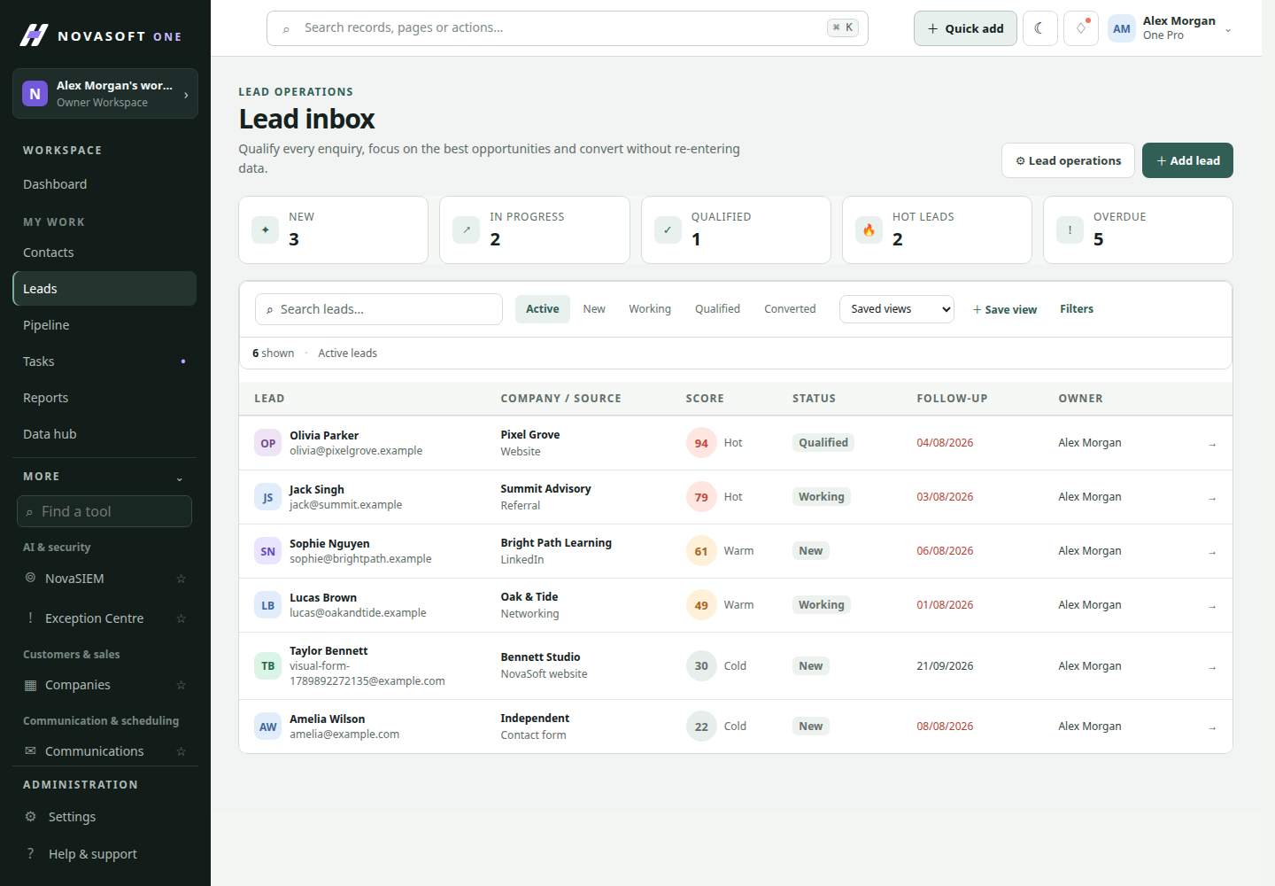 NovaSoft One Leads and sales workspace preview
