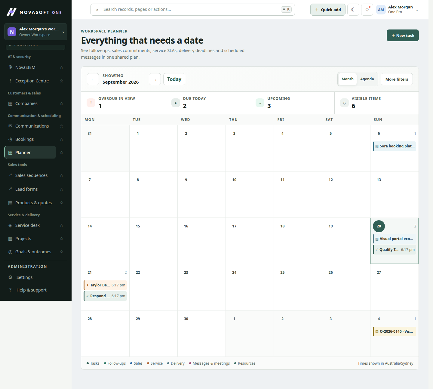 NovaSoft One Forms and bookings workspace preview