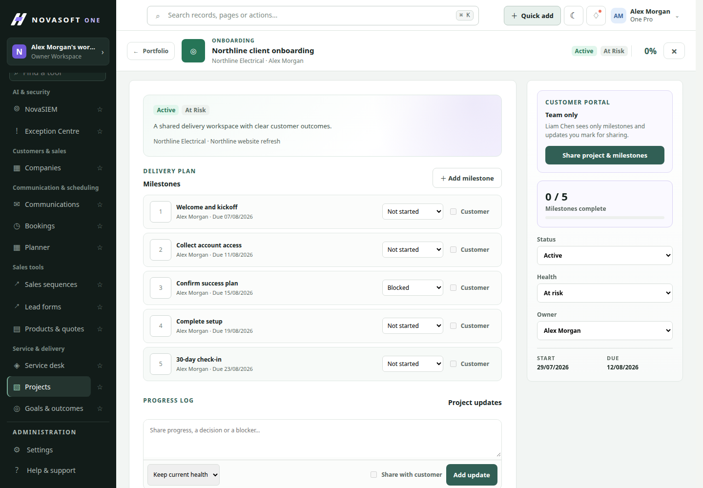 NovaSoft One Service and delivery workspace preview