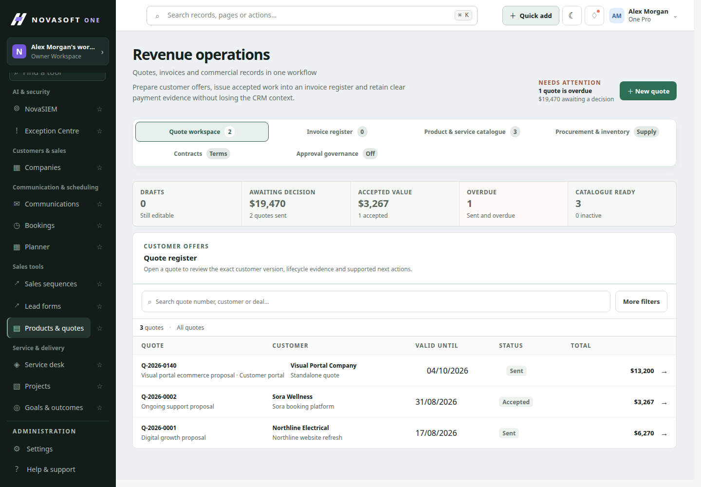 NovaSoft One Revenue and contracts workspace preview